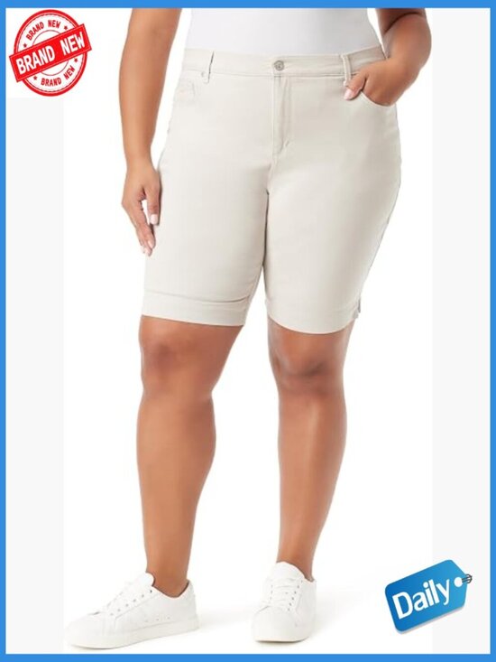 Pants - High Rise Bermuda Shorts 11" Inseam Cotton Stretch Casual Plus Size